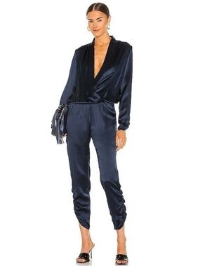 Amanda Uprichard Jadyn Jumpsuit 100% Silk Charmeuse Ruched Sleeve & Ankle In Ink